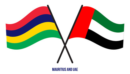 Mauritius and UAE Flags Crossed And Waving Flat Style. Official Proportion. Correct Colors.