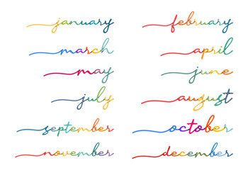 Months of The Year Handwriting Colorful Lettering. Calligraphy For Calendar Organizer Stationery Design