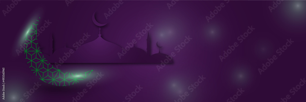 Sticker islamic background, gift box, lantern, purple crescent moon on white. design concept of ramadan kare