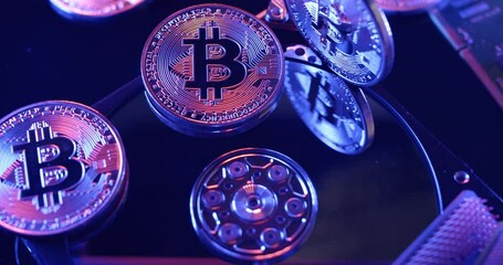 Bitcoin on Hard Drive, Computer components and Crypto currency coins. Concept of future digital currency - Powered by Adobe