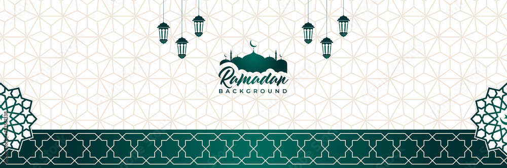 Wall mural islamic background, gift box, lantern, green crescent moon on white. design concept of ramadan karee