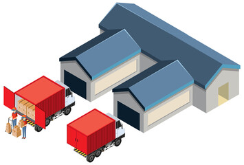 Isometric warehouse building with delivery truck
