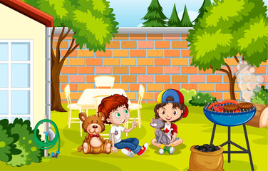 Obraz na płótnie Canvas Scene with kids playing in backyard