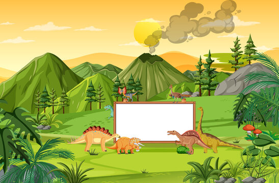 Nature scene with trees on mountains with sign board and dinosaur