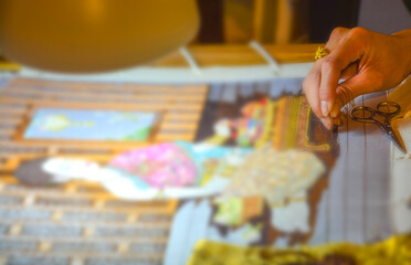 handmade Thai Embroidery with silk strap in Bangkok Thailand art show