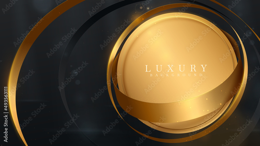 Wall mural luxury black background. gold circle frame with ribbon element and glitter light effect decoration a