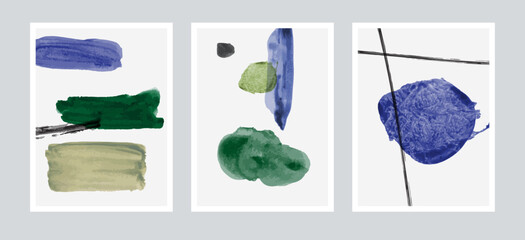 Fototapeta premium Set of 3 abstract artwork. Watercolor, oil, acrylic hand painted vector illustration. Rough brush stroke texture. 