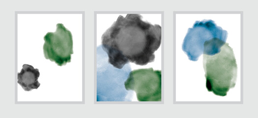 Set of 3 abstract artwork. Watercolor, oil, acrylic hand painted vector illustration. Rough brush stroke texture. 