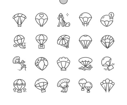 Parachuting. Surfing with parachute. Skydiving. Activity leisure and extreme. Pixel Perfect Vector Thin Line Icons. Simple Minimal Pictogram