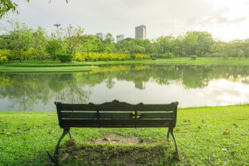 Obraz premium Wooden chairs at the city center park in the morning.