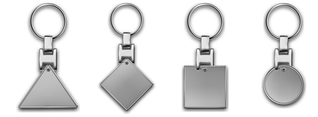 Keychains set in different shapes keyring holders with isolated on white background. Silver colored accessories or souvenir pendants mockup.Realistic keychain template set.