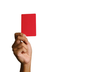 A picture of hand showing red card on copyspace white background. Law violation and misconduct...