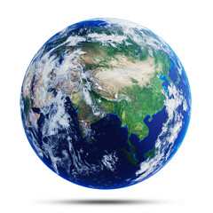 Model of the Earth or planet the earth in the Asian region. on a white background with clipping path. 3d rendering.