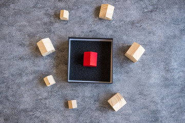 Wooden houses with a single red wooden house in black box