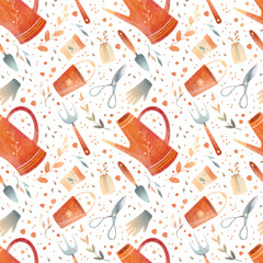 Watercolor seamless pattern with illustration of gardening. Cute garden work elements isolated on white background. Garden tools: watering can, gloves, bucket, shovel, seeds, rake, plants, pruner