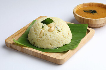 Ven Pongal with Sambar, coconut Chutney popular Indian breakfast food Tamil Nadu festival Pongal...