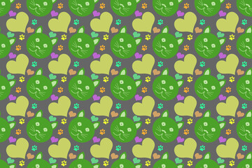 Seamless cute cat face pattern, for wallpaper, gift wrapping, dark gray background.