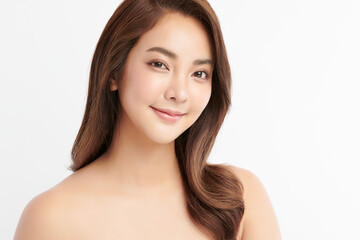 Fototapeta premium Beautiful young asian woman with clean fresh skin on white background, Face care, Facial treatment, Cosmetology, beauty and spa, Asian women portrait.