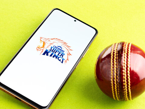 West Bangal, India - March 18, 2022 : Chennai Super Kings logo on phone screen stock image.
