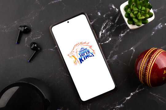 West Bangal, India - March 18, 2022 : Chennai Super Kings logo on phone screen stock image.