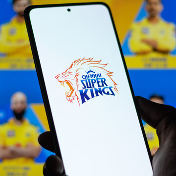 West Bangal, India - March 18, 2022 : Chennai Super Kings logo on phone screen stock image.