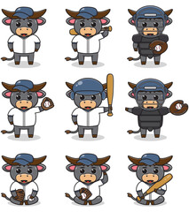 Vector Illustration of Cute Buffalo with Baseball costume. Set of cute Buffalo characters.