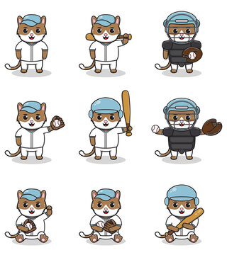 Vector Illustration of Cute Cat with Baseball costume. Set of cute Cat characters.
