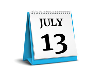 July 13. Calendar on white background. 3D illustration.