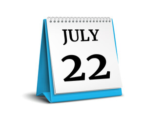 July 22. Calendar on white background. 3D illustration.