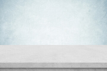 Empty white cement table over blue cement concrete wall background, banner, table top, shelf,...