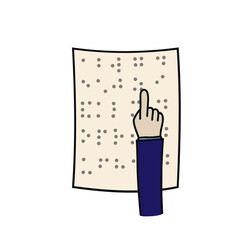 Text of a braille alphabet in a book for blind people and a hand.