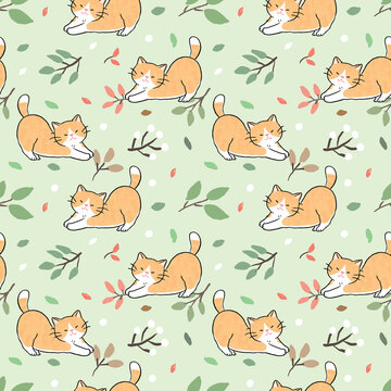 Seamless Pattern Of Cute Ginger Cat And Leaf Design On Light Green Background