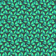 Seamless pattern with geometric triangle in blue color in hexagon cube. The design is suitable for decoration, ornament, pattern, textile, texture, coloring, clothing printing. Vector isolated