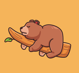 cute cartoon grizzly bear sleeping on branch tree vector illustration icon isolated animal flat