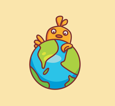 cute chicks hug a global earth globe. cartoon animal nature concept Isolated illustration. Flat Style suitable for Sticker Icon Design Premium Logo vector. Mascot Character