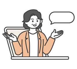 オンラインで打ち合わせをする女性社員のイメージイラスト素材