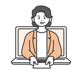 オンラインで名刺交換をする女性社員のイメージイラスト素材