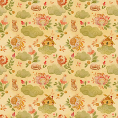 Seamless pattern of clouds, sun, moon, hut and flowers in folklore style.