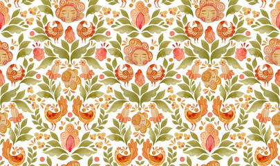 Watercolor rapport of birds, leaves, flowers, sun in folklore style.