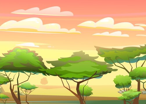 Heat evening Africa. Red and yellow sunset. Scene with sand and plants. Savannah in desert. African acacia trees. Vector