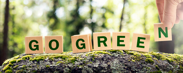go green is an ecological concept of a green world and planet. text letters on cubes in the forest against the natural background of the forest panoramic photo