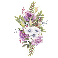 Obraz na płótnie Canvas Flower bouquets with purple roses and anemones on a white isolated background. Hand-drawn watercolor illustration