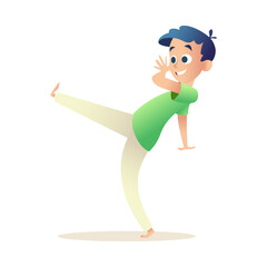 Kid practices Brazilian capoeira, standing in pose, swinging his leg. Joyful boy have fun doing sports, dancing