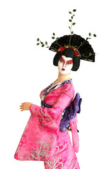 3D Geisha in pink kimono with fan