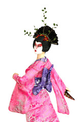 Naklejka premium 3D Geisha in pink kimono with fan