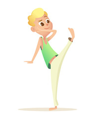 Boy in sports uniform, T-shirt and white pants lifts the leg up. Child with blonde hair doing capoeira