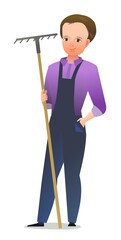 Little boy villager farmer in overalls. Teen is an agricultural worker. Cheerful person Standing pose. Cartoon comic style design. Single character. Illustration isolated on white background. Vector