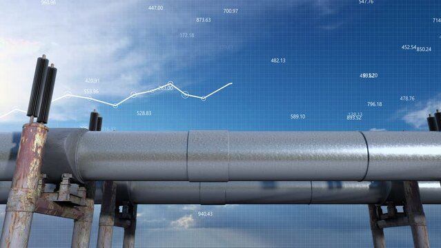 The gas pipeline against the infographic with a growing chart with rising energy prices on the stock market. Fuel transportation and the growing rates and cost of crude oil on the stock market.