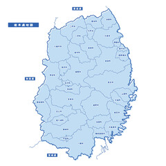 Obraz premium 岩手県地図 シンプル淡青 市区町村