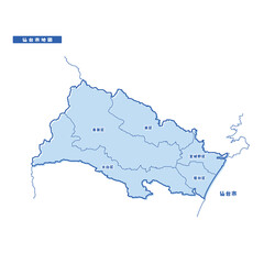 仙台市地図 シンプル淡青 市区町村